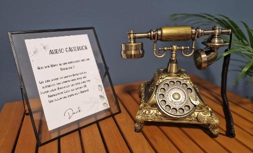 Vintage-Telefon als
Audio-Gästebuch
auf einem Holztisch
mit Anleitungsschild
für Hochzeitsgäste.