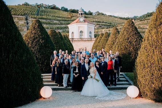 Großes Gruppenfoto
einer Hochzeitsgesellschaft
vor Schloss Wackerbarth